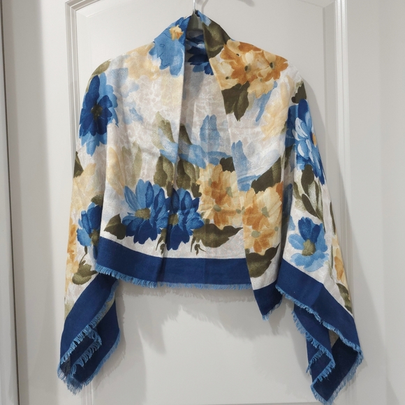 DANIEL LAURENT Floral Blue Yellow Scarf, 100% Viscose, Soft, Frayed Trim, Nwot - Picture 11 of 14